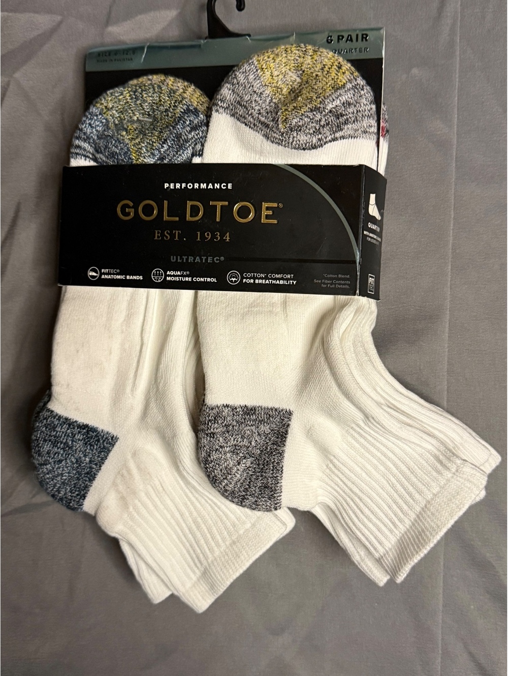 GOLDTOE PERFORMANCE 6 PAIR FIT TEC CUSHION QUARTER WHITE SIZE 6-12.5 NWT